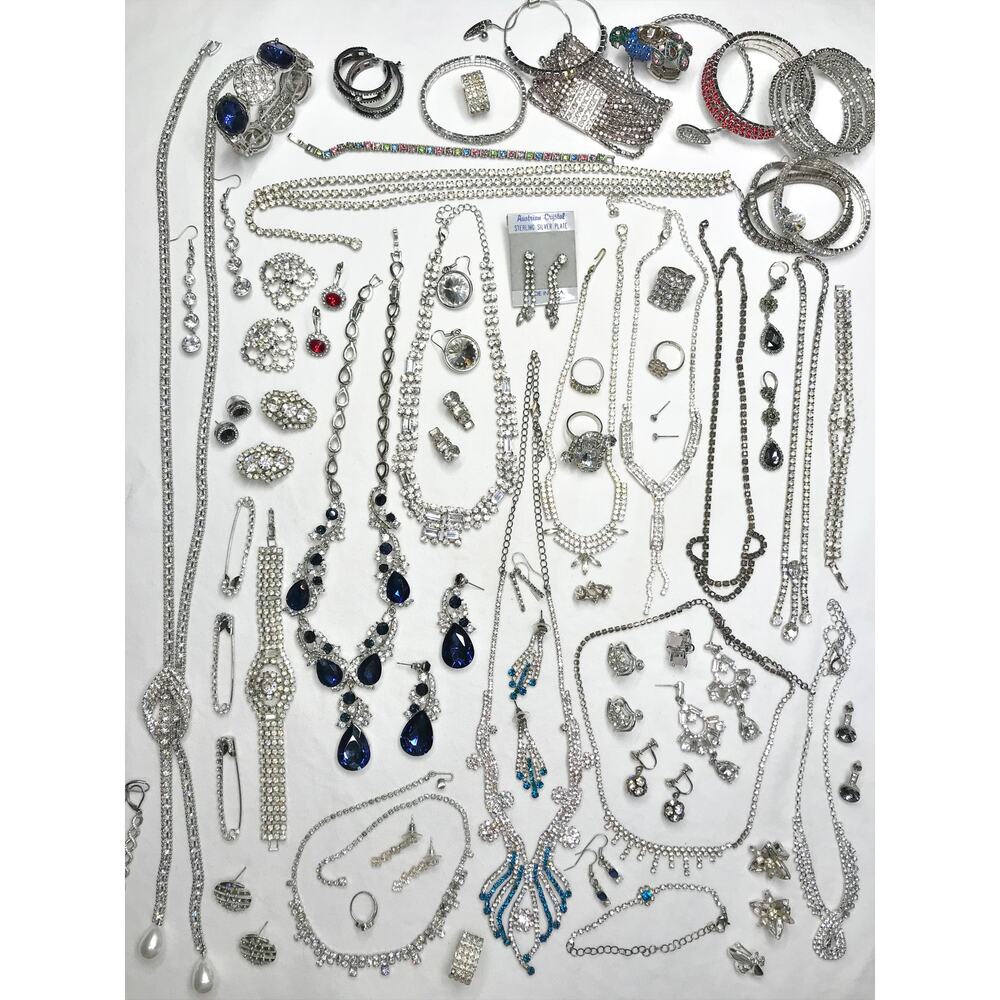 Vintage Estate Large 1.86lb Rhinestone Earring Necklace Bracelet Bundle Lot